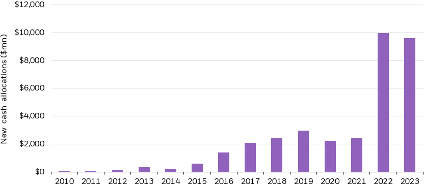 Bar chart showing new cash allocations into iShares iBonds separated by year.