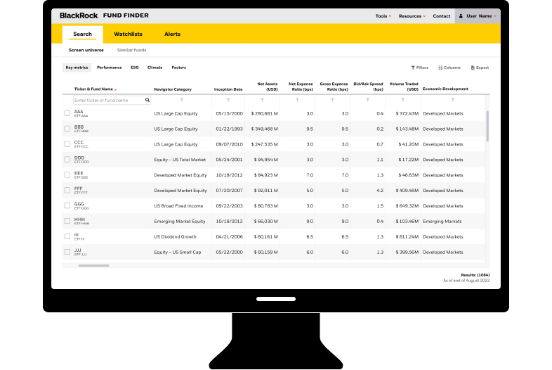 Example screen view of the BlackRock Fund Finder