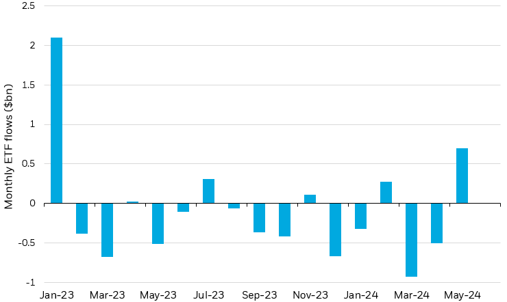 Bar chart showing monthly flows into China ETFs since January 2023.