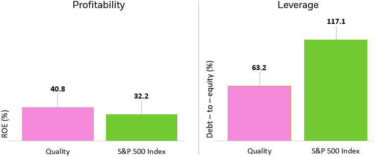 Bar charts showing return-on-equity for quality (left) and leverage for quality (right), vs the market. 